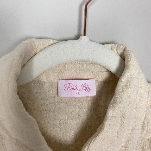 Pink Lily Slub Cotton Gauze Button Front Belted Mini Shirt Dress Womens Small - Picture 2 of 6